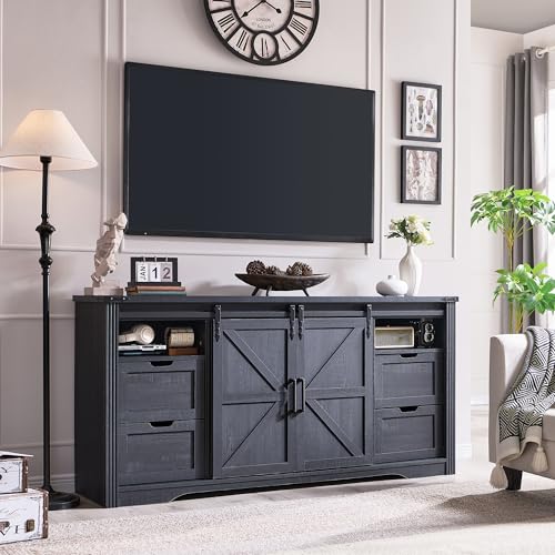 Image of Farmhouse 66 inchTV Stand for 75+ Inch TV, 32 inchH w /4 Drawers & Sliding Barn Door | Entertainment Center, Rustic Media Console w /Storage Shelves, Wood Television Stand for Living Room, Black