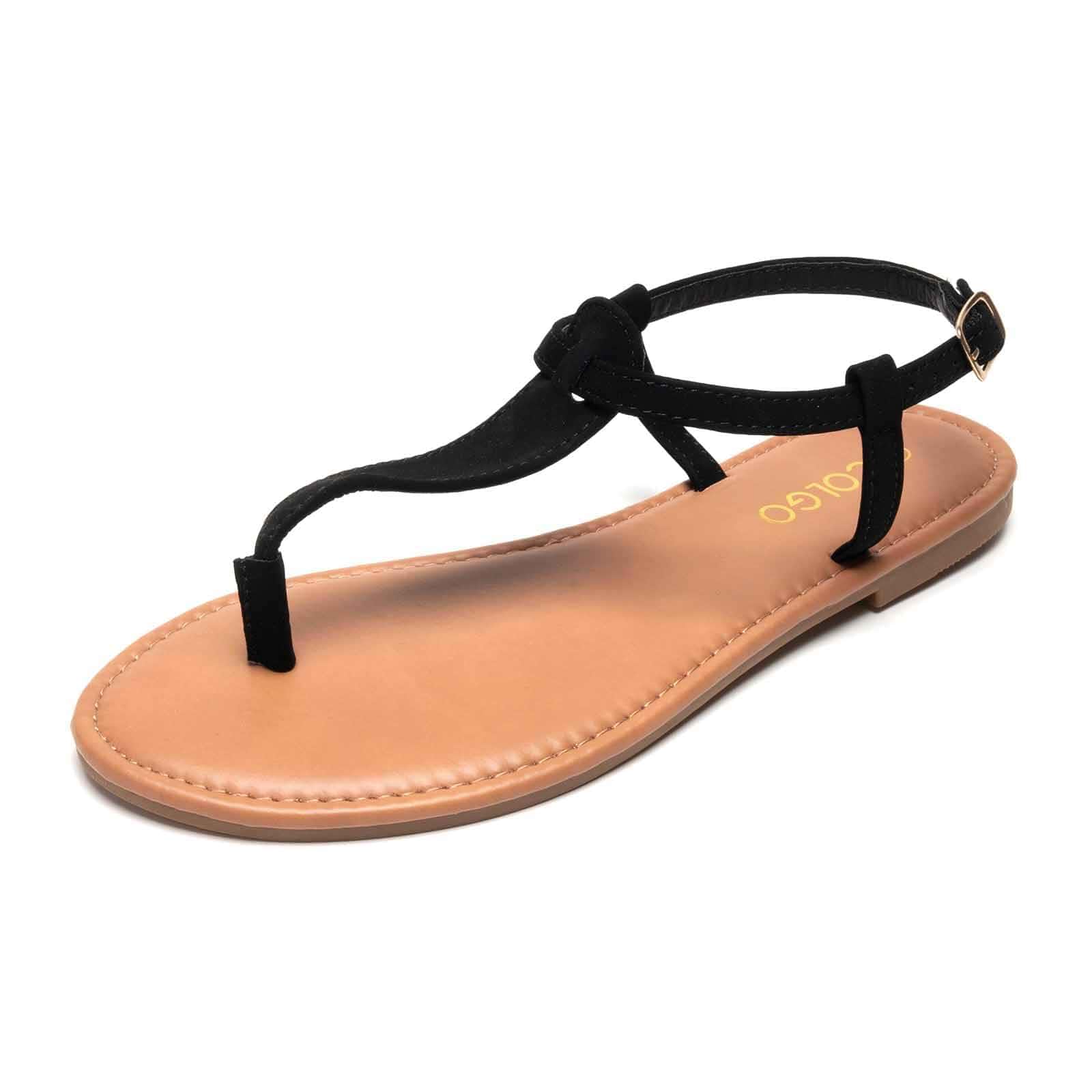 Colgo Thong Flat Sandals, Casual Women T-Strap Dress Sandals with Adjustable Ankle Buckle for Summer Wedding