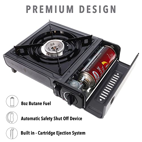 image for GasOne Portable Butane Camping Stove with Case + 4 Fuel Canister Catri