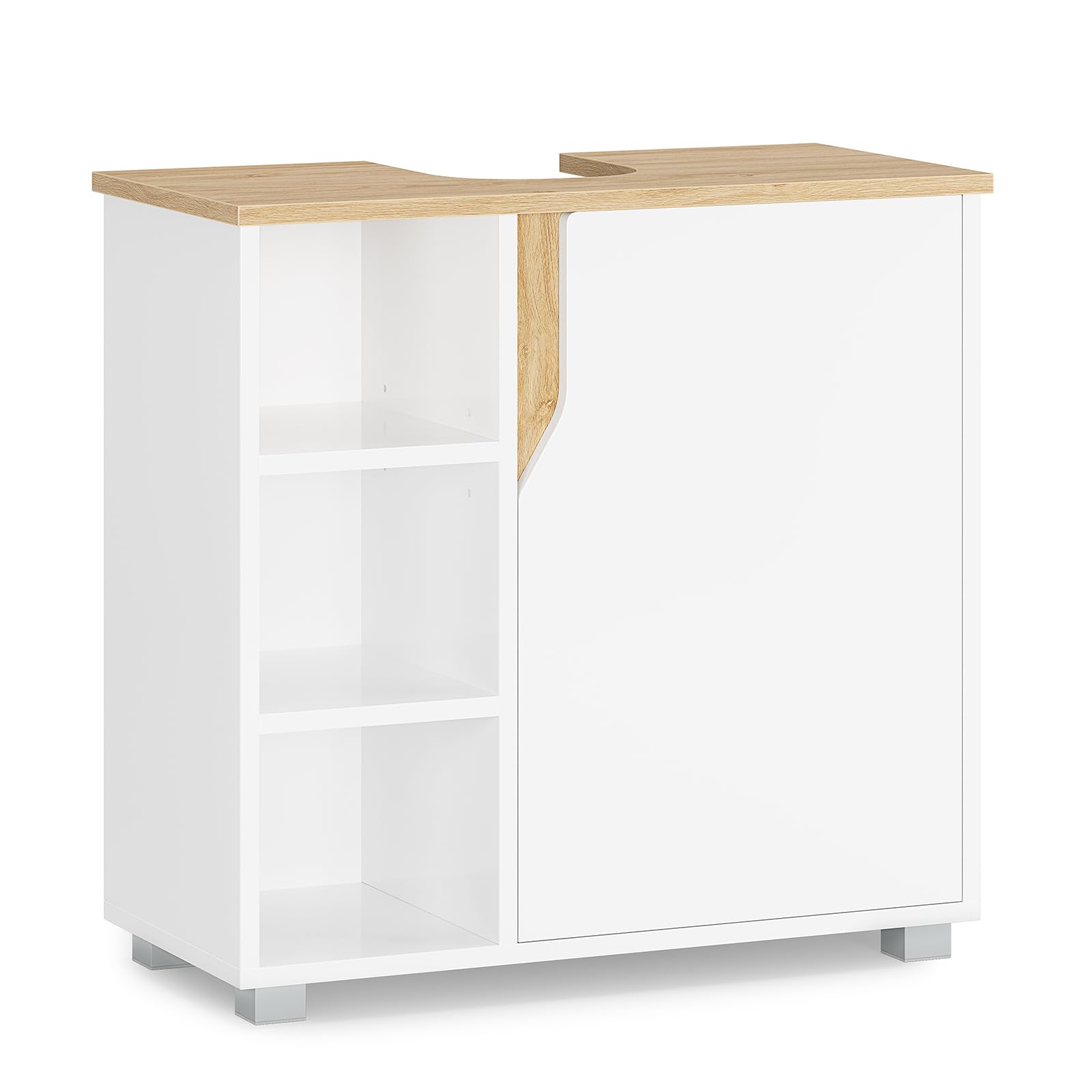 Waschbeckenunterschrank, Badezimmerschrank mit 3 offene Fächer & Höhenverstellbare Ablagen, Badezimmer-Unterschrank mit Füßen, Freistehend Badschrank Unterschrank, weiß, 60 x 30 x 60 cm