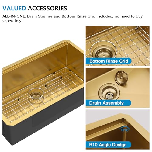 Image of 33 Undermount Kitchen Sink Gold - Fulorni 33 inchx19 inch Kitchen Sink Brushed Gold NANO-PVD Ledge Workstation 16 Gauge 304 Stainless Steel Under Counter Single Bowl Basin