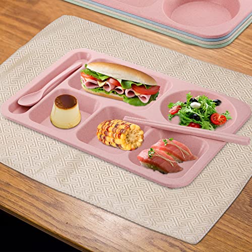 Topzea 4 Pack Unbreakable Divided Plates, 6 Compartments Wheat Straw Section Plates Plastic Dinner Plate Sets For Adults, School Lunch Trays, Microwave & Dishwasher Safe,14"X10.5" #TOP3