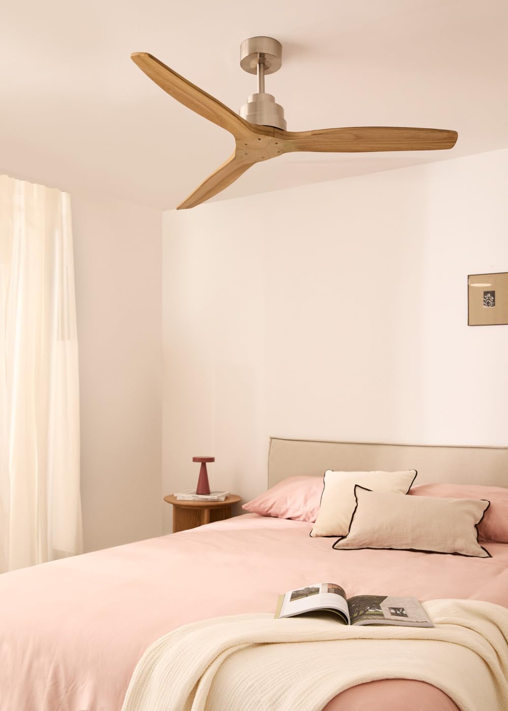 CREATE / WINDSTYLANCE NATURAL WOOD/Ventilador de techo níquel aspas madera natural con mando / 40W, Silencioso, Ø132 cm, 6 velocidades, temporizador, verano-invierno, doble altura
