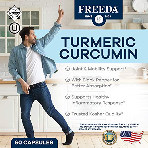 Freeda Turmeric Curcumin With Black Pepper - Kosher Vegan Gluten Free Tumeric Curcumin Supplement - Turmeric Capsules Inflammation Support Supplement - 60 Veggie Curcuma Turmeric Curcumin Capsules #TOP1