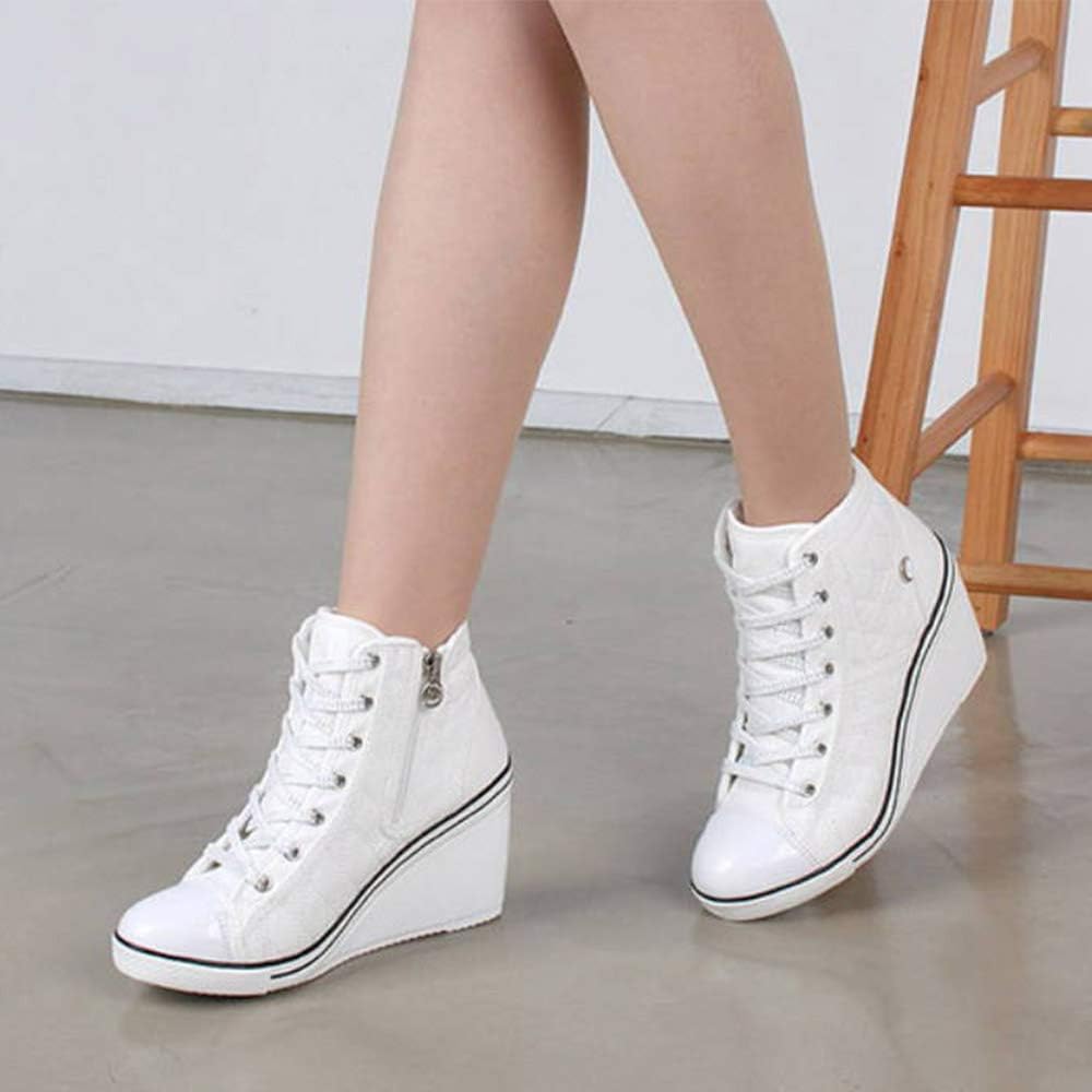 epdavin Women's Casual Canvas High Top High Heel Wedges Quilted Lace Up Sneakers - Image 6
