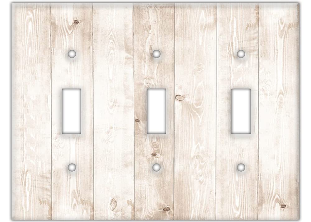 Decorative Wall Switch Cover Plate - Farmhouse Light Wood Decor Switch Plate - Stylish Wooden Style With Light Brows, Off-whites, and Some Greys (Triple Toggle Switch Cover)
