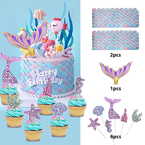 9Pcs Cake Decoration Kit With 2 Colorful Fish Scales 6 Cupcake Topper 1 Fish Tail For Birthday Wedding Desserts Party Decor Children Ocean Theme Party Decoration #TOP1