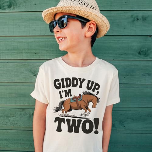 Western 2nd Birthday Bucking Horse Shirt - Giddy Up I'm Two 2 Western Aesthetic Rodeo Birthday Top - Natural Toddler Youth Tee2
