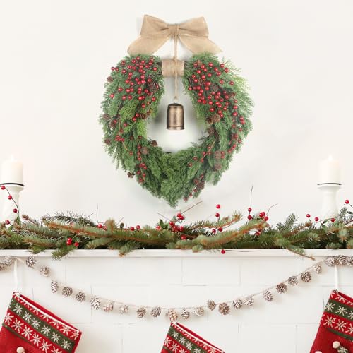 Kmise Heart-Shaped Valentine's Day Wreath：22 inch,Heart-Shaped Wreath,Spring Wreaths with Red Berries,Pinecone,Linen Bow and Brass Bell for Front Door