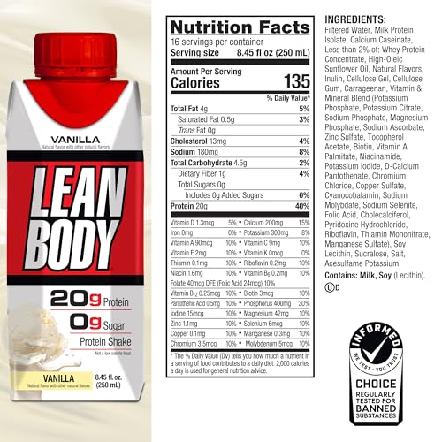 Image of Lean Body Ready-to-Drink Vanilla Protein Shake, 20g Protein, Whey Blend, 0 Sugar, Gluten Free, 22 Vitamins & Minerals, (Recyclable Carton & Lid - Pack of 4)