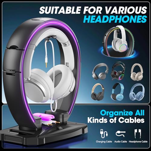 KDD RGB Headphone & Controller Stand with 9 Light Modes - Foldable Controller Hanger for Desk - Earphone Stand with Cable Organizer - for Gamers Desktop Accessories - Image 6