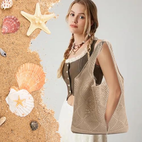 FAINCA Strandtasche Umhängetasche Damen, 32x32cm Häkeltasche, Hohlweben Strandtasche Damen, Teenager und Mädchen Gestrickte Tasche, Tote Bag für Einkaufen Urlaub Reise (Khaki)