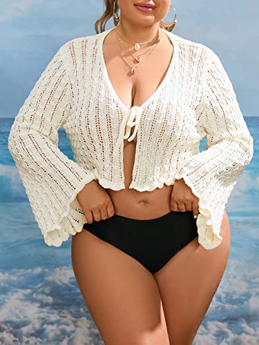 Floerns Women's Plus Size V Neck Long Flounce Sleeve Tie Front Knit Crop Cardigan3