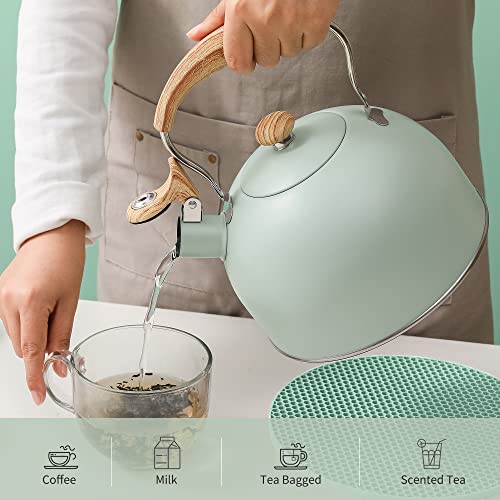 Lonffery Tea Kettle, 2.5 Quart Whistling Tea Kettle, Tea Pots For Stove Top Food Grade Stainless Steel With Wood Pattern Folding Handle - Turquoise #TOP5