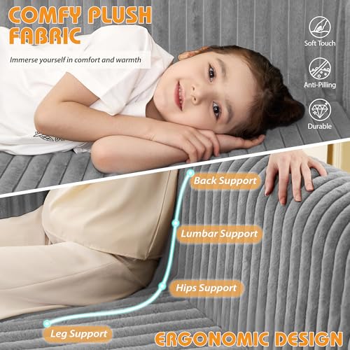 Image of HABUTWAY 49.8 inch Loveseat Boneless Couch, 4-in-1 Convertible Sofa Bed, Plush Fur Folding Futon Sofa Bed Couches for Living Room, High-Density Foam Support, No Assembly Required, Light Grey