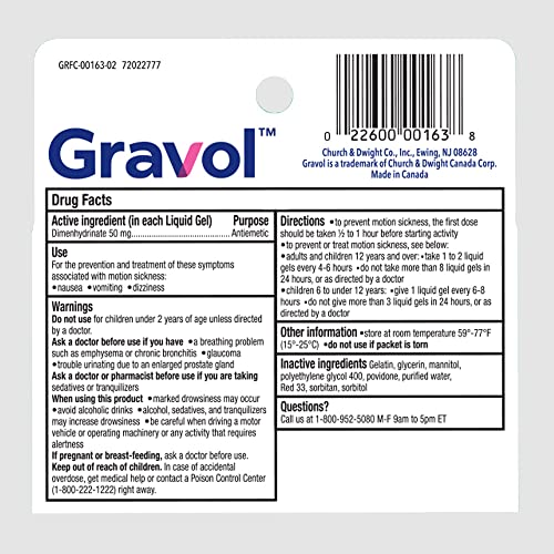 Gravol Liquid Gels 50mg for Motion Sickness Prevention and Relief, 8ct