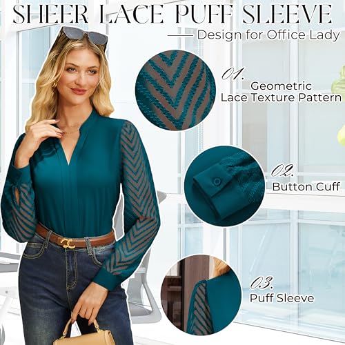 Work Outfits for Women Office Pleated V Neck Business Casual Blouses Sheer Lace Long Sleeve Shirts Trendy Fall Clothes, Haze Blue, X-Large — view 4