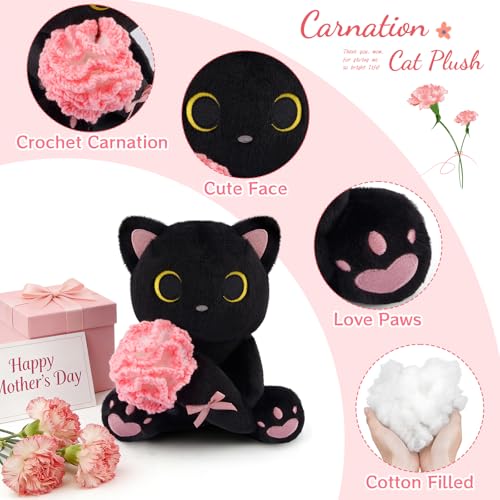 Image of Black Cat Plush Holding Crochet Flower - 8 inch Kawaii Stuffed Cat with Handmade Pink Carnation, Soft Cute Plush Stuffed Animals for Girls Kids, Birthday Gift