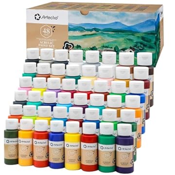 Artecho Acrylic Paint Set - 48 Colors, 2 Oz/59ml Basic Acrylic Paint Supplies for Wood, Fabric, Crafts, Canvas, Leather & Stone