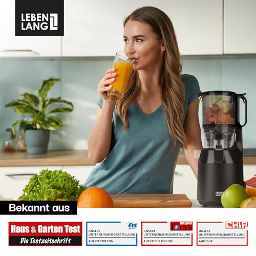 LEBENLANG Entsafter Slow Juicer - Inkl. Rezeptbuch & Große 135mm Öffnung I Perfekt für Obst ganze Früchte und Gemüse 100% BPA-Frei I Best Juicer Machine Saftpresse elektrisch Masticating Green Press