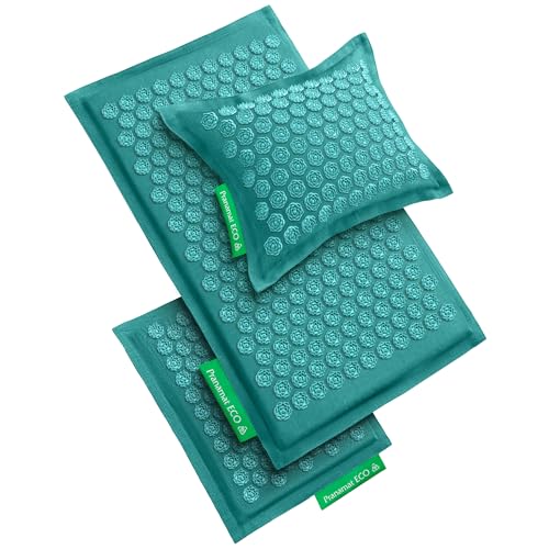 Pranamat Acupressure Large & Small Mat with Pillow Set Premium Acupressure Therapy for Pain Relief and Relaxation Handcrafted in Europe with Sustainable and Natural Materials (Azur)