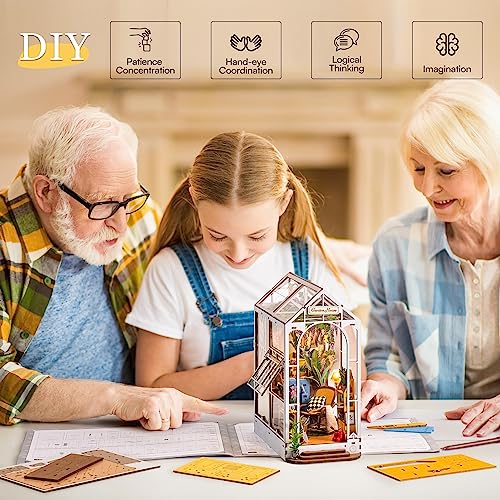 ROBOTIME Book Nook Kit Gardenhouse with LED Lights, DIY Miniature Dolls House Kit 3D Wooden Puzzle Bookend Booknook Book Shelf Decoration Gift - Image 4