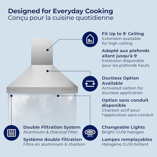 Image of Hauslane Wall Mounted Range Hood 30 inch Convertible Hood 350-750 CFM Base