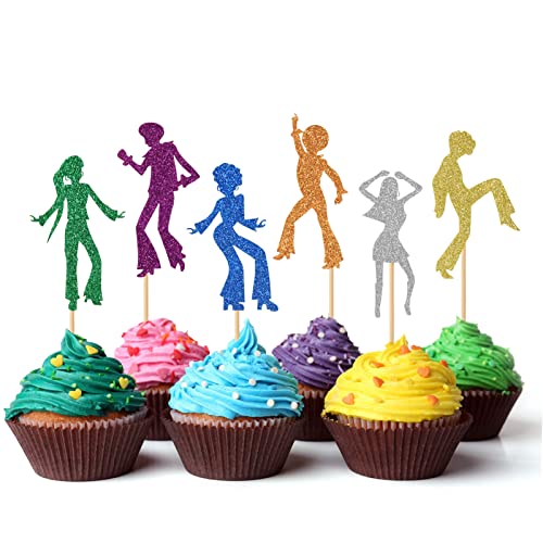 36 PCS 70's Disco Cupcake Toppers 80s Disco Dancing Cupcake Picks Glitter Dancer Cake Toppers for Music Disco Theme Wedding Anniversary Men Women Birthday Party Decorations Supplies (Mixing colors)