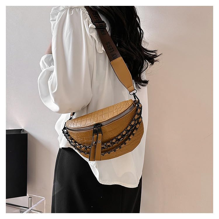 Image of Leather Fanny Pack Bag for Women, Chain Belt Bag Chest Purse Fashionable Crossbody Waist Bags Handbag for Everyday Use Trip Walking Hiking