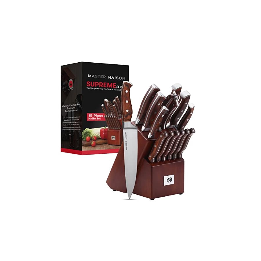 Master-Maison-15-Piece-Premium-Kitchen-Knife-Set-With-Block-German-Stainless-Steel-Knives-With-Knife-Sharpener-6-Steak-Knives-Walnut Master Maison 15-Piece Kitchen Knife Set with Block - Knife Set - Stainless Steel Knives with Knife Sharpener and 6 Steak Knives (Walnut)