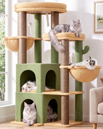 Image of Globlazer Cat Tree Tower for Indoor Cats, Sturdy Adult Cat Tree House for Large Adult Cats with 2 Platform, 6 Cat Scratching Post, 2 Cat Caves, Dangling Toys, S63, 63 inch, Green