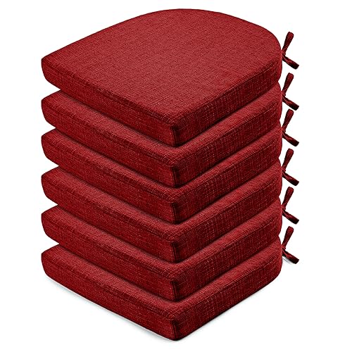 Image of Wellsin Chair Cushions for Dining Chairs 6 Pack - Kitchen Chair Cushions with Ties and Non-Slip Backing - Dining Chair Pads 16 inchX16 inchX2 inch, Red