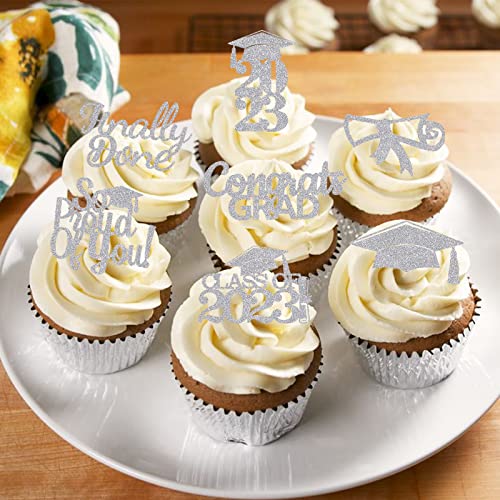 48Pcs Graduation Cupcake Topper Glitter Grad Class Food Picks Congratulations Party Decoration Ideas Silver #TOP5