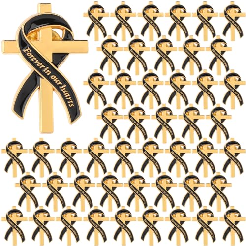 Misdary Funeral Favors for Guests Funeral Memorial Pin Cross Ribbons Forever in Our Hearts Lapel Brooch Pin for Religious Christian Celebration of Life Mourning Remembrance Day