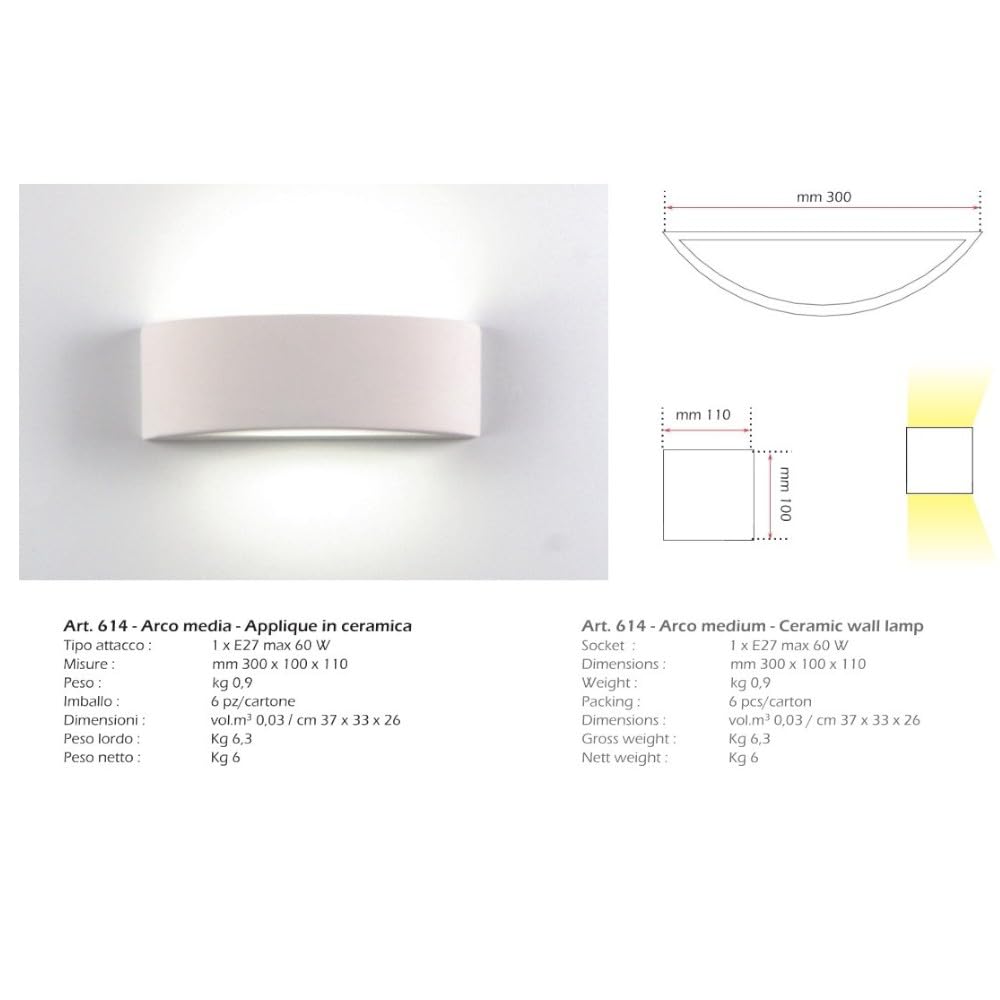 Applique lampada da parete di gesso ceramica bianco pitturabile forma curva luce sorpa sotto e27 led per interni Made in Italy