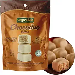 BOMBOM VEGANO DE CHOCOLATE BRANCO RECHEADO COM COCO QUEIMADO CHOCODUO VEGANUTRIS 60G