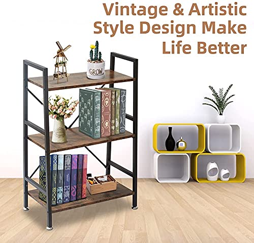TooCust 3 Tier Open Book Shelf, 37\" x 23\" x 10.8\" 3 Tier Wood Bookshelf, 3 Shelf Bookcase, Vintage Standing Metal Frame Book Shelves, Rustic Brown