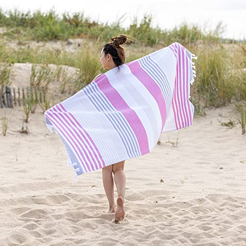Superior Oversized Cotton Beach Towel For Adults And Kids, Quick Drying Towels For Pool, Spa, Resort, Hotel, Camping, Travel, Super Absorbent, Striped With Tassels, Meera Collection, Fuchsia #TOP1
