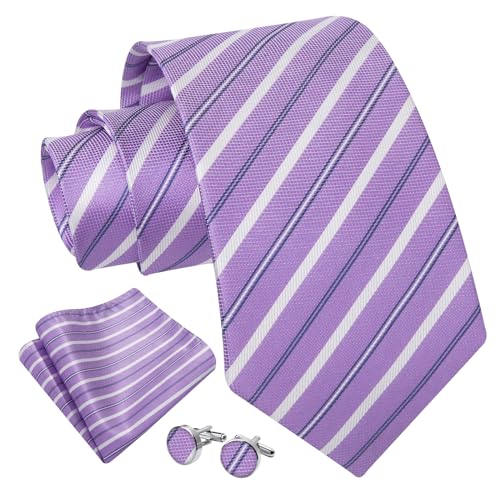 Image of Enlision Mens Ties Stripe Tie and Pocket Square Set Classic Formal Woven Neckties Handkerchief Cufflinks Wedding