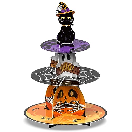 Cinrobiye Halloween 3 Tier Cupcake Stand, Colorful, Cardboard, Ideal for Displaying Desserts, Suitable for Halloween Party Decor