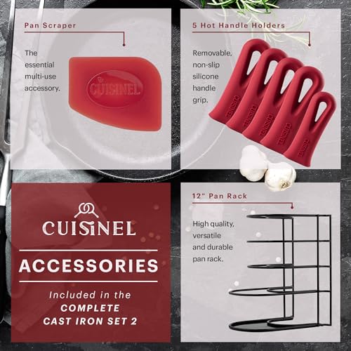 Image of Cuisinel Cast Iron Cookware Set - Complete Pre-Seasoned Kit - 8 inch Skillet + 10 inch+12 inch Skillets with Glass Lid + Grill Pan + Multi-Cooker /Dutch Oven + Flat Griddle + Pizza Pan + Rack Organizer - 2024