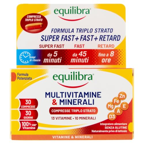 Equilibra Multivitamine e Minerali Rilascio Fino a 8 Ore, 30 Compresse | Formula Triplo Strato, con Vitamine A, B, C, D, E, Ferro, Iodio, Zinco, per Energia e Sostegno, Senza Glutine, Vegetarian