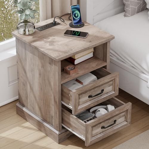 HOMMPA Farmhouse Nightstand w/Charging Station, Open Shelf 23.6''H Greige - image 9