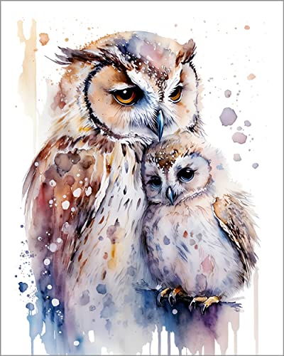 Image of 7Dots Art. Mom and baby Animals. Watercolor Art Print, playroom, and bathroom. Wall art decoration. Unframed. (n owl)