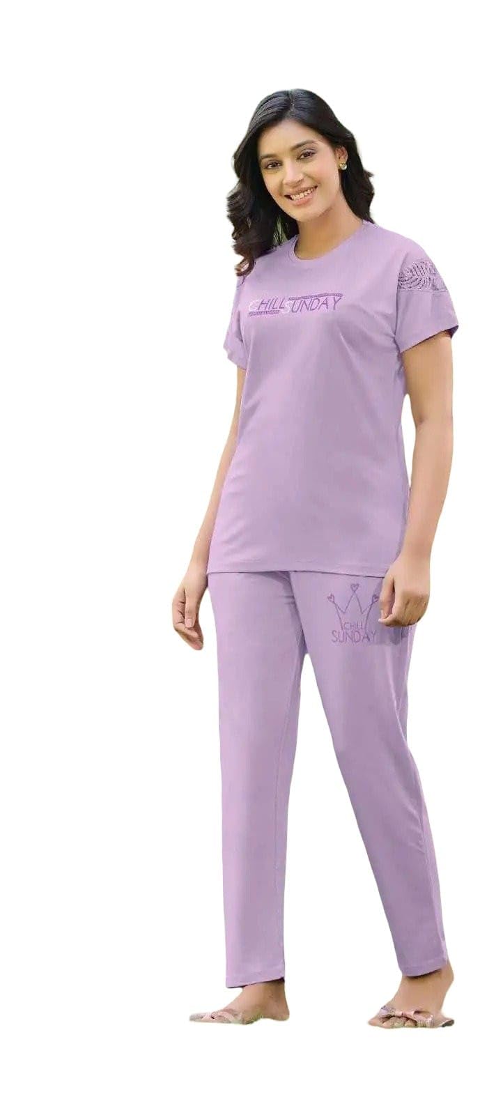 LUVIT Platinum Women's Tencel Night Wear Set, Short Sleeve Top with Pants, Size M (Light Purple)