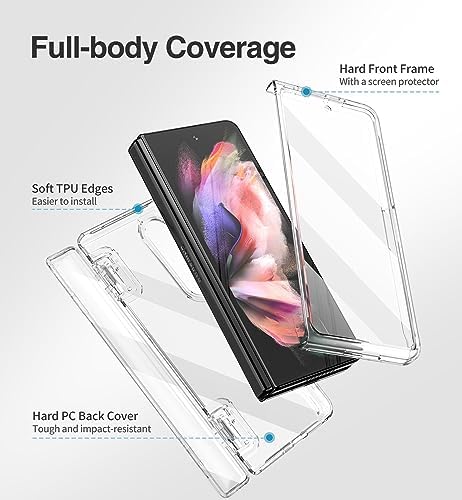SURITCH Compatible with Samsung Galaxy Z Fold 3 CaseBuilt-in Screen Protector Anti-Scratch Shockproof Full Body Protective Cover Hinge Protection Clear Case for Samsung Z Fold 3 5G(No Pen Slot)-Clear