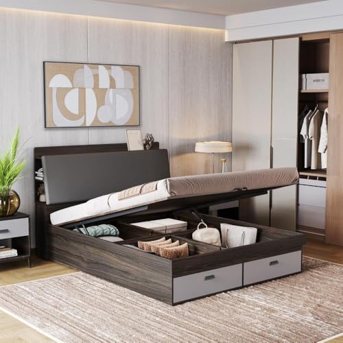Image of Wakefit Bed | 3 Yr Warranty | Bed Queen Size, Hydraulic Storage, Foam-Cushioned Upholstery Headboard with Charging Slot, Headboard Storage & Drawer, Density: 680-750 kg /m (Atlas 78x60-WM)