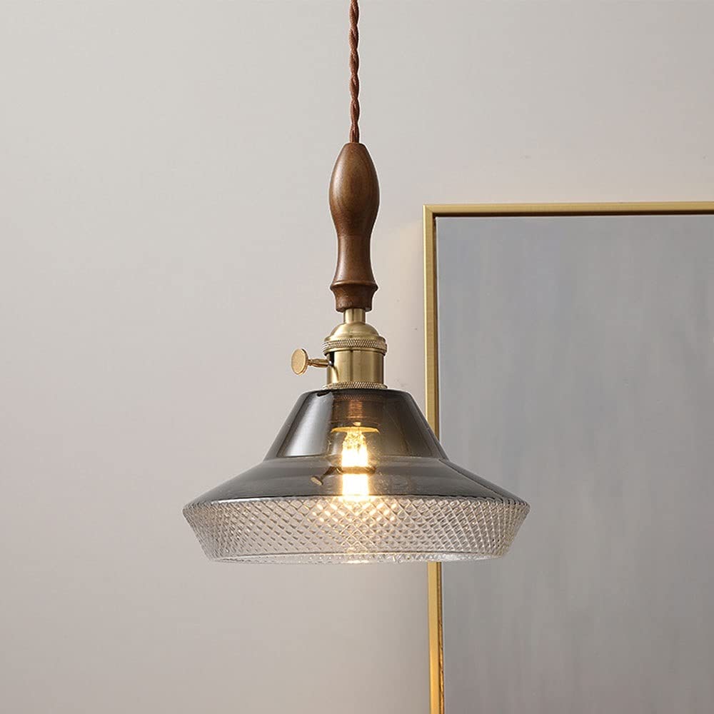 Industrial Wood Hanging Lamp Glass Shade Ceiling Pendant Light, Modern Hanging Chandelier Brass Kitchen Island Lighting, E27 Suspension Lights for Dining Room Bedroom