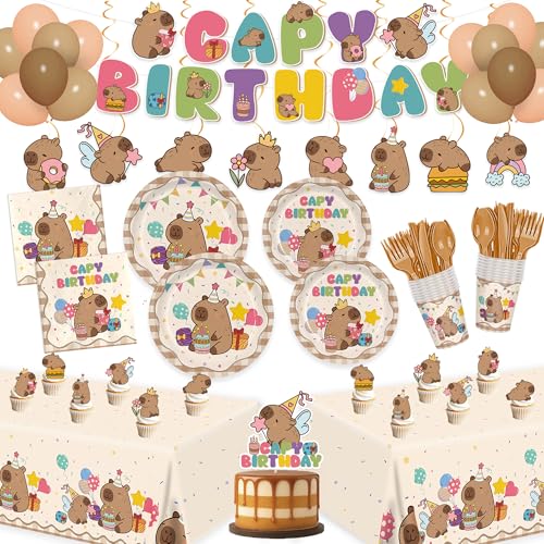 182pcs Capybara Birthday Party Decorations Disposable Tableware Set Includes Plates Napkins Cups Banner Tablecloths for Kids Capybara Birthday Party Supplies Serve 20 Guests