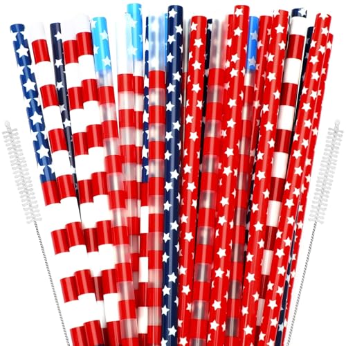 JANYUN 40 Pcs Reusable Patriotic Straws 9 Red White Blue Hard Plastic Stripe 4th of July Drinking Straw for Mason Jar Tumbler Family Party Supplies Cleaning Brush (Patriotic Style)